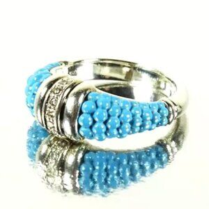 LAGOS Caviar Sterling Silver Blue Ceramic & Diamonds Ring Size 6